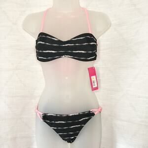 NWT XHILARATION black white tie dye strappy string bikini swim S M